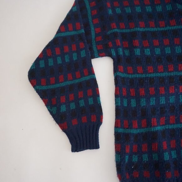 Vintage Scandia Navy Teal Red Wool Patterned Crewneck Sweater Retro Eclectic M - Picture 8 of 9